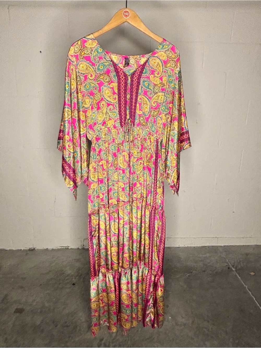 Me 2 Magic Womens Large Paisley Boho Maxi Dress Pink Multi Flutter Sleeve